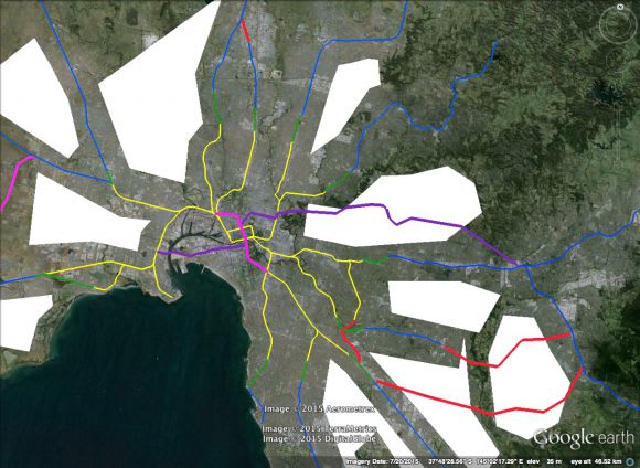 Phase 1 rail network expansion overlaid through the current network's black spots. Greg Hunt's 2200 vision: why rebuild rail underground when we can expand? (Parts 2 & 3)