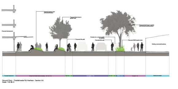 Proposed Thistlethwaite Street cross-section © Peddle Thorp architects High-rises can work with the public realm
