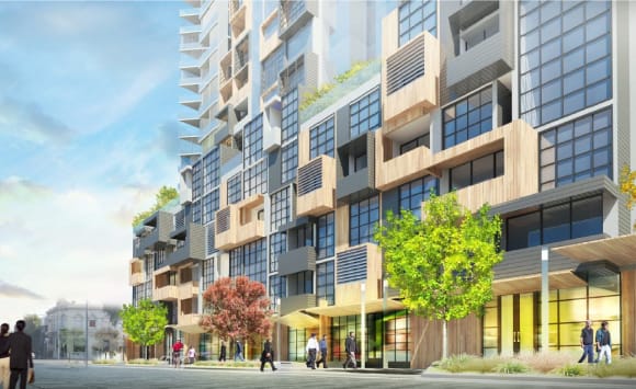 Engaging podium facade and calm street - exactly what we want for Fishermans Bend © Peddle Thorp architects High-rises can work with the public realm