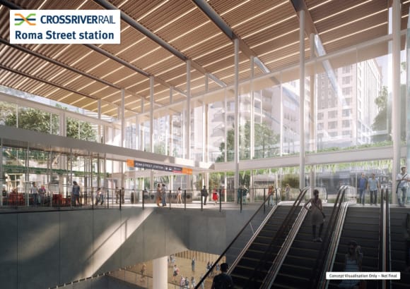 Concept render of Roma Street Station. Credit: Cross River Rail Brisbane’s Cross River Rail development consortia appointed by Queensland government