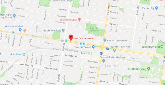 Location of East Central Tower, Box Hill. Image by Google Maps. Location of East Central Tower, Box Hill. Image by Google Maps.