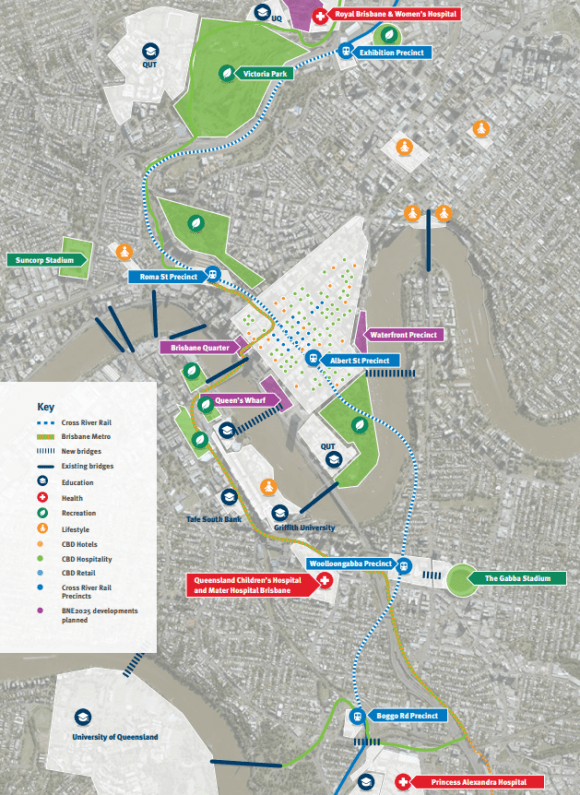 Path of the Cross River Rail project and associated anchors in each precinct. Image: crossriverrail.qld.gov.au Queensland government releases Cross River Rail Precinct Strategy