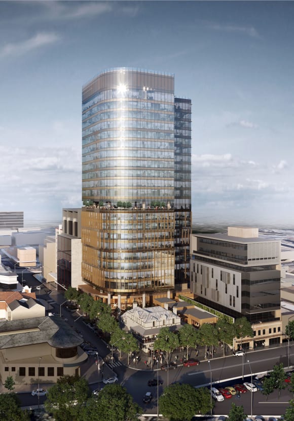 Render of the Liverpool Quarter precinct with incorporated civic space and heritage buildings. Fender Katsalidis' Liverpool Quarter Tower receives the green light