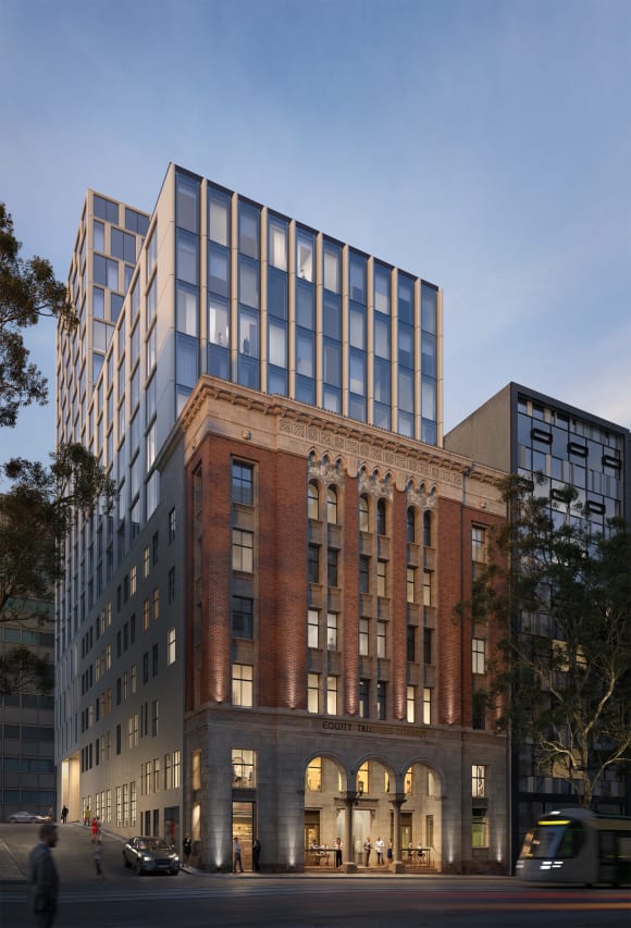 Hilton from street view. Credit: Bates Smart Heritage Hilton: The 1930’s inspired hotel to open late 2019
