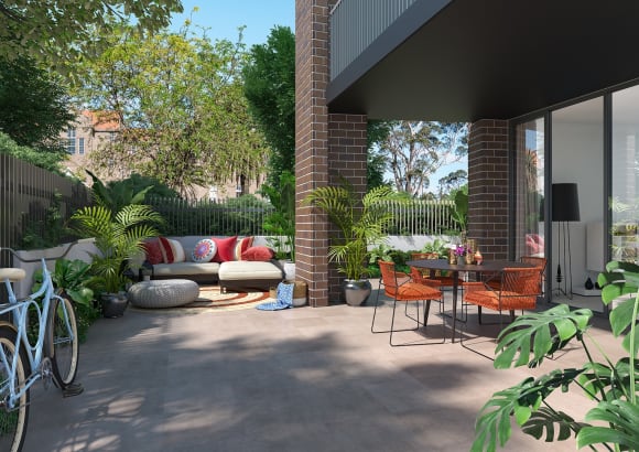 Apartment garden featuring brick pillars. Image supplied. Urban’s tour of the Highline Westmead display suite