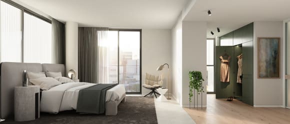 Island House apartment bedroom. Image supplied. Introducing Island House: Customisable bespoke apartments in a sought after East Melbourne locale