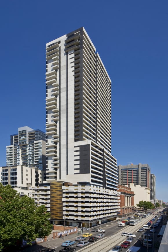 In early February 2019, Neo200 on Spencer experienced a balcony cladding fire up levels 21 to 27. Image by Hayball. Australia called, we want our Building Codes updated and regulated