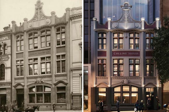 L-R: The original building at 446 Collins Street, the new development Collins House Upcycling Australia: Why demolish when you can re-polish?