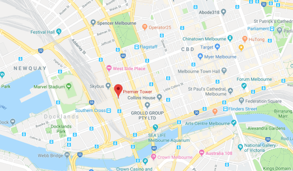 Location of Premier Tower, Melbourne CBD. Image by Google Maps Premier Tower location