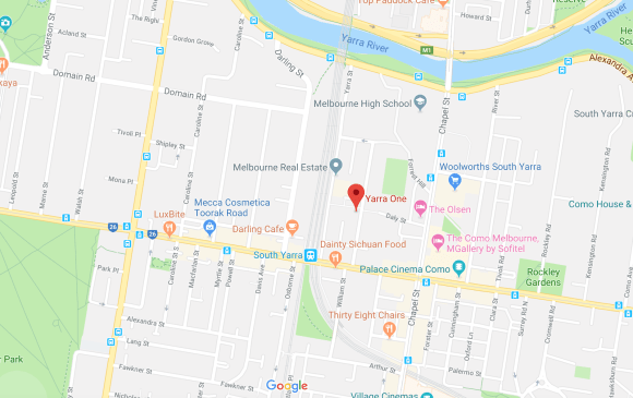 Location of Yarra One in proximity to its surroundings, South Yarra. Image by Google Maps. Yarra One location