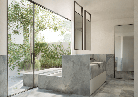 94 River Street's Tall House bathroom render. Credit: Hecker Guthrie Future Cities' Toly & Irene share more details about their latest South Yarra development