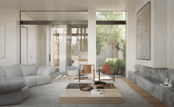 94 River Street's Tall House living room render. Credit: Hecker Guthrie Future Cities' Toly & Irene share more details about their latest South Yarra development