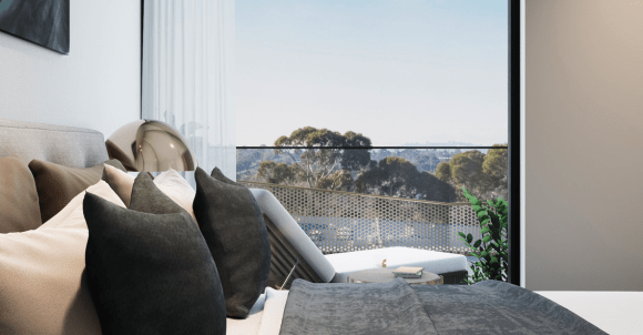VALIA apartment bedroom view. Image supplied. VALIA apartments provide downsizers with the perfect lock-and-leave lifestyle in Ivanhoe
