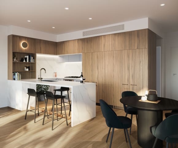 Each apartment features high quality stainless-steel Miele appliances, engineered stone benchtops and timber grain cabinetry. Credit: Sundale Platinum on Peach Tree provides idyllic apartment-living for families