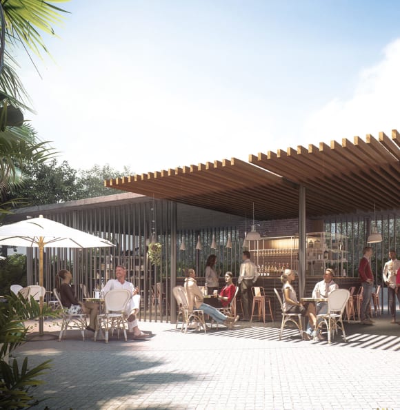West Village alfresco dining precinct. Image supplied. Parramatta’s West Village tops out at 40 levels