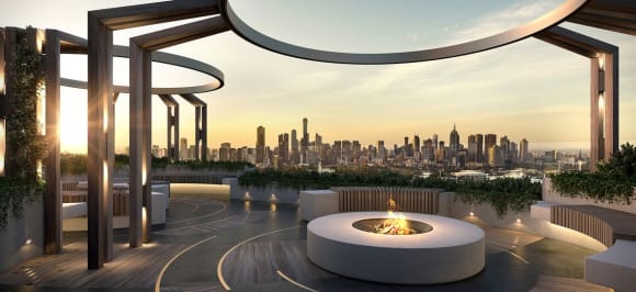 Rooftop garden and fireplace. Yarra One amenities