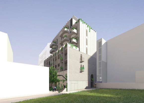 Skye House as seen from the proposed community park. Image: Breathe Architecture Nightingale Village - Episode V - Skye House