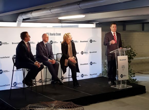L-R: Matthew Kandelaars (PCA), Daryl Browning (ISPT), Sophie Fallman & Carl Schibrowski (Brookfield) Construction officially commences on 405 Bourke Street