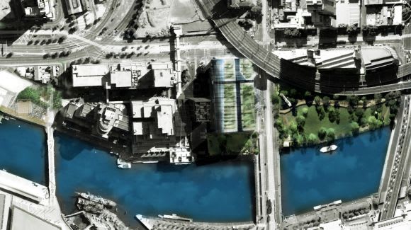 Indicative aerial showing riverfront park in-lieu. An unconventional opportunity for 7-23 Spencer Street