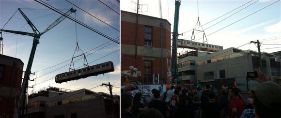 Saturday evening's events as captured by ITN Architects and published on their Facebook page Easey does it! End To End gains its train set