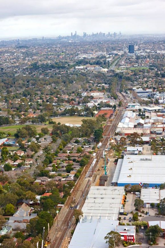 An aerial overview of the Blackburn level crossing removal site - image LXRA The level crossing removal information & picture blitz