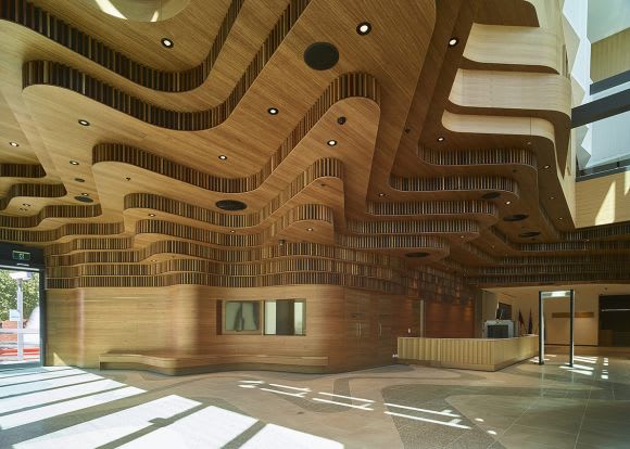 The interiors of the Shepparton Law Courts feature warm timbers throughout. Image : Scott Burrows Photographer Shepparton Law Courts officially opens