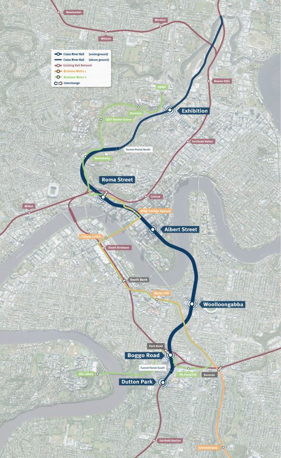 The route of the Cross River Rail project (blue) and Brisbane Metro - image: crossriverrail.qld.gov.au Brisbane's Cross River Rail, Nambour duplication works funded in Queensland budget