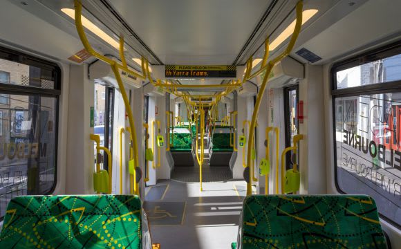 Interior of a locally made Bombardier E-Class tram, image Wikipedia The Northern Light Rail link