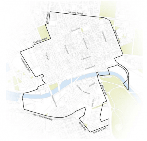 Land affected by amendment 308 - image: City of Melbourne City of Melbourne's amendment 308 seeks to implement a new central city design guide