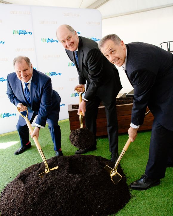 Lord Mayor Robert Doyle, Planning Minister Richard Wynne and Cbus Property CEO Adrian Pozzo at the Collins Arch Groundbreaking ceremony Collins Arch gathers momentum