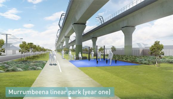 Render depicting new parkland near Murrumbeena soon after construction is complete - image LXRA Wraps come off new linear park plans between Caulfield and Dandenong