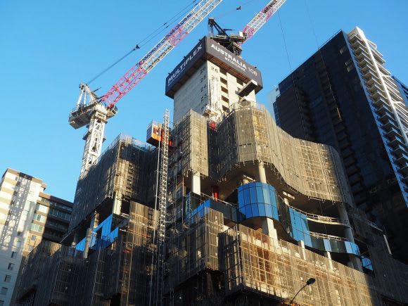Australia 108 now elements of the facade in place. Image: Redden Two stand out Melbourne projects reveal their true colours
