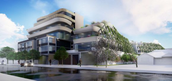 Interface with adjoining detached properties. Planning image: Peddle Thorp Keilor Road's last car dealership goes to apartments and goes super green