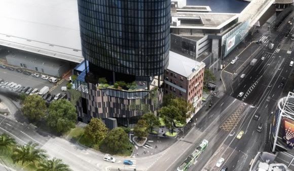 Rendered perspective of the tower's podium . Image: OCD Tea for two: Southbank's historic Tea House up for a towering addition