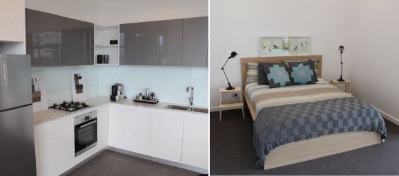 Representative kitchen and bedroom finishes Footscray's Riverina Apartments powers ahead