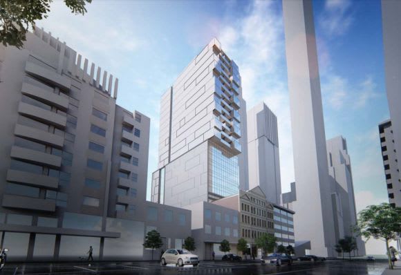 The comparatively modest Peddle Thorp-designed tower in situ Cut down: A Franklin Street planning relic comes down to earth