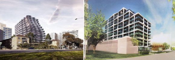 Old and new. Images courtesy elenberg Fraser and Fender Katsalidis Southlink lodge plans for 77 Queens Road