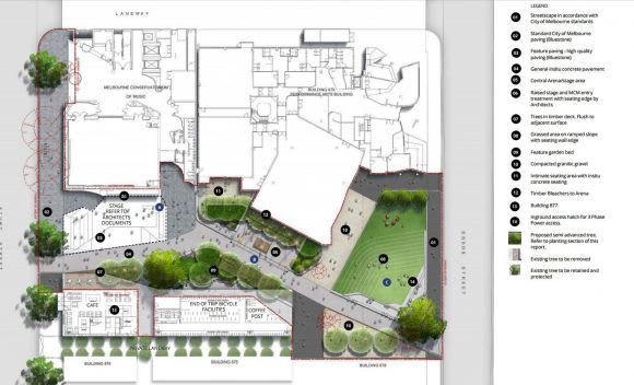 Landscape plan for the project. Image: John Wardle/ASPECT Studios Southbank street life flourishes under the new Melbourne Conservatorium of Music proposal