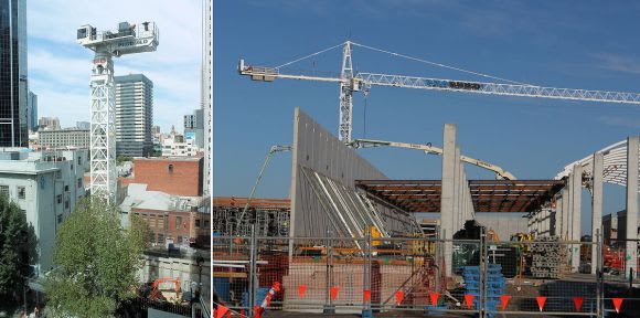 The newly erected Eporo tower crane along with Pacific Werribee. Image courtesy Ryan Seychell Probuild crown their workbook with Aurora Melbourne Central