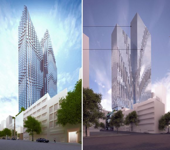 The initial and revised 380 Lonsdale Street designs. Image © Elenberg Fraser Hiap Hoe supersize their 380 Lonsdale Street development