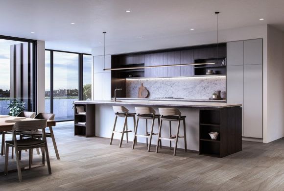 21 Riversdale Road's open plan living space. Image: Marshall White Projects Melbourne's inner east keeps the apartment light burning bright