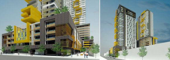 The dual towers of 134 Buckhurst Street. Image © Artisan Architects An accurate list of Fishermans Bend approvals