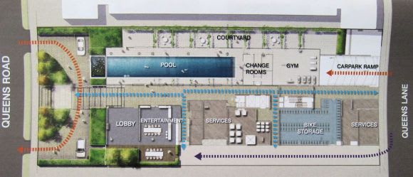 Ground level. Image courtesy Fender Katsalidis Southlink lodge plans for 77 Queens Road