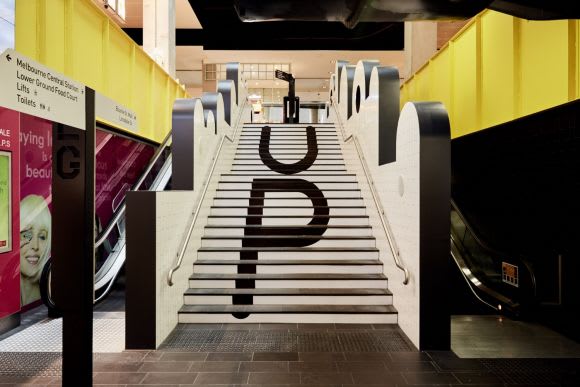 The visual style draws on the earlier work of ARM. Image courtesy Kennedy Nolan Kennedy Nolan create a new Melbourne Central video-art space
