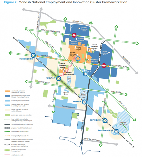 The draft Monash NEIC framework plan. Image: VPA Analysis: the new tram route from Caulfield to Monash University and Rowville