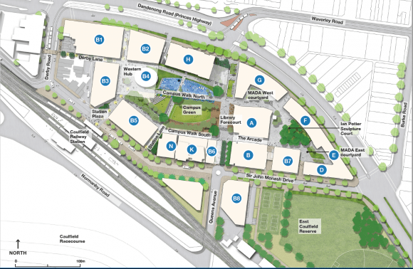 Monash's Master Plan guiding development 2017-2030. Image : NH Architecture Monash University Refreshes its Caulfield Master Plan for 2017-2030