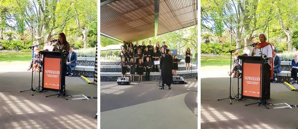 MPavilion 2018 launch L-R: Naomi Milgrom, Debbie Cheetham Dhungala Children’s Choir, and Carme Pinós MPavilion 2018 officially launched