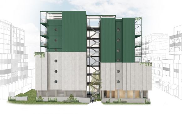 The building comprises two forms linked by an external stair. Image: Clare Cousins Architects Nightingale Village - Episode III - Nightingale CCA