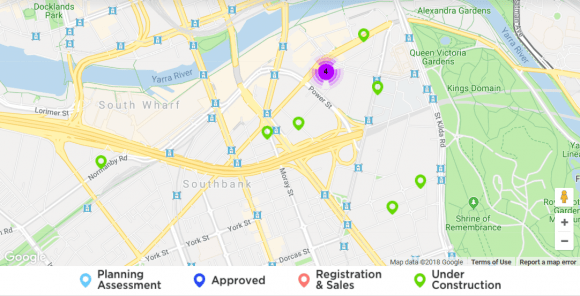 An overview of construction activity within Southbank. Southbank Construction Overview - August 2018
