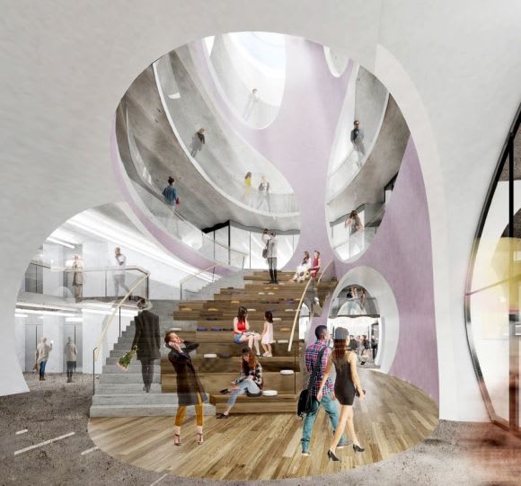 The VPC Square at ground level and central atrium space. Image: Grant Amon Architects and Brearley Architects and Urbanists Winning design for Victorian Pride Centre unveiled